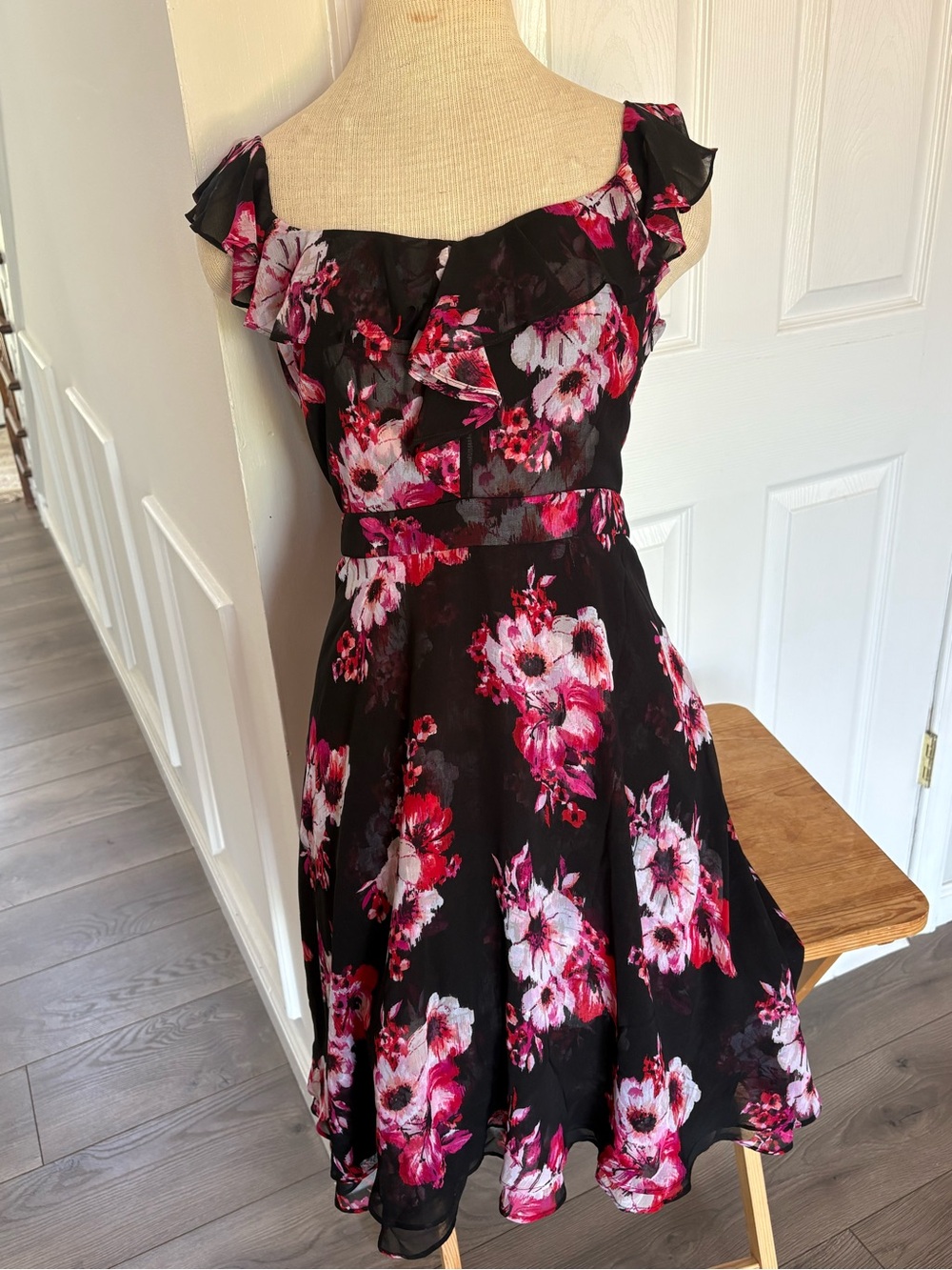 White House Black Market Black Floral Ruffle Mini Dress with Pink Accents